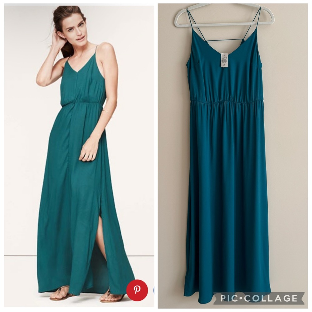 NWT Loft Strappy Maxi Dress Size 8P Green Teal V-Neck Slit Spaghetti